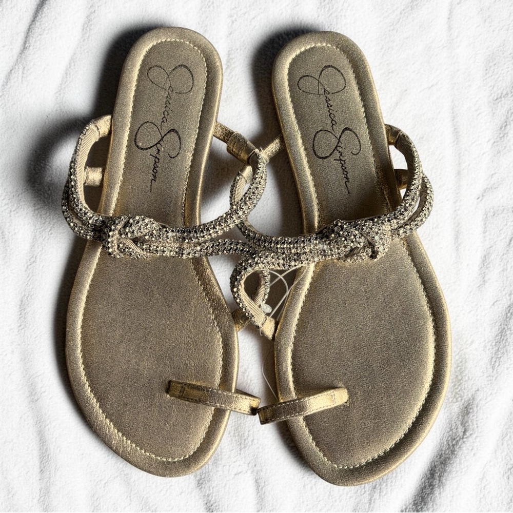 Jessica Simpson Metallic Gold Rhinestone T-Strap Sandals